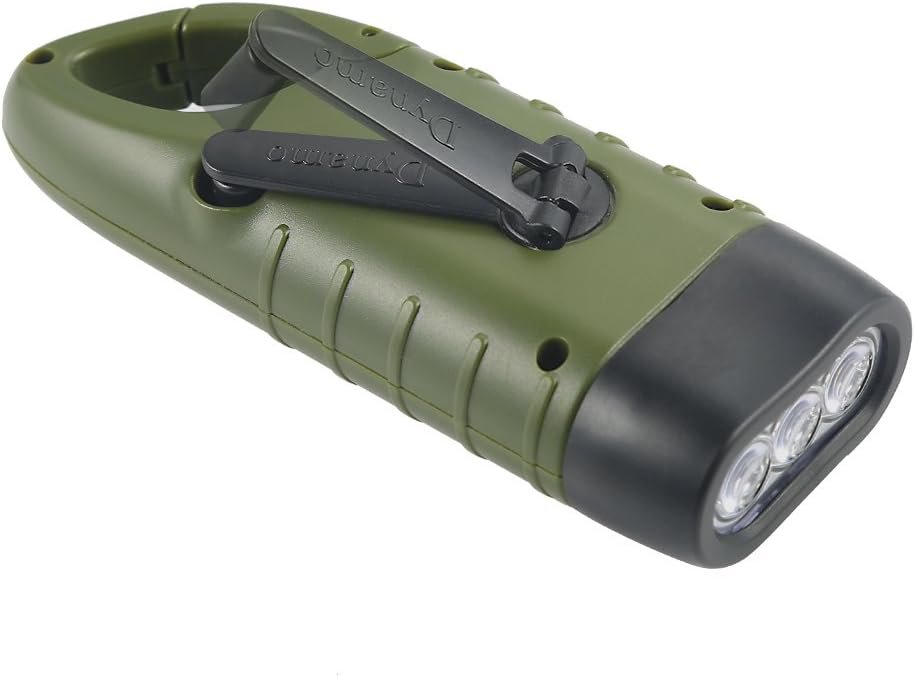 Simpeak Hand Cranking Solar Powered Flashlight, Emergency LED Flashlight Carabiner Dynamo Quick Snap Clip Backpack Flashlight Torch for Outdoor Camping Climbing Hiking, Green, Black