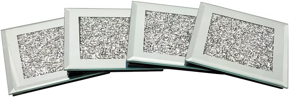 GIMORRTO Glass Mirrored Coaster 4 PC, Crushed Diamond Square Cup Mat 4" Decor on Tabletop for Bar Tools Dining Table