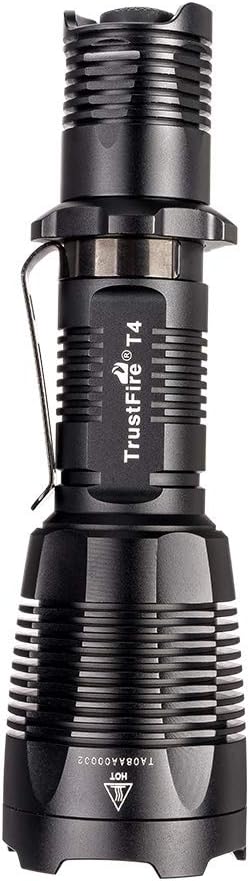 TrustFire T4 LED Tactical Torch 1000 Lumens IPX8 Flashlight - Professional Tac Light Torch Flashlight - Black Bezel EDC Super Bright 18650 Flash Light for Home Hunting Camping Outdoors (T4 Without Battery)