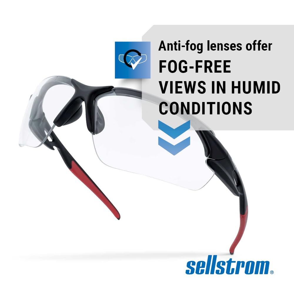 Sellstrom Sleek, Slip-Resistant, Anti-Fog Hard Coating Protective Eyewear Safety Glasses, Clear Lens, Co-Molded Temples, High Impact Optical Correct Wrap Style PC Lens, Soft Nose Piece (Qty 1), S72300