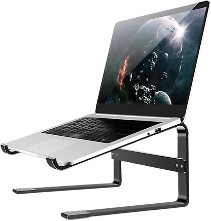 MMOBIEL Laptop Stand Tall - Riser 10 to 18 inches - Ventilated Laptop Holder Universal - Stand for Desk Compatible with MacBook, Notebook, ASUS and More - Incl. Tools - Black Aluminum