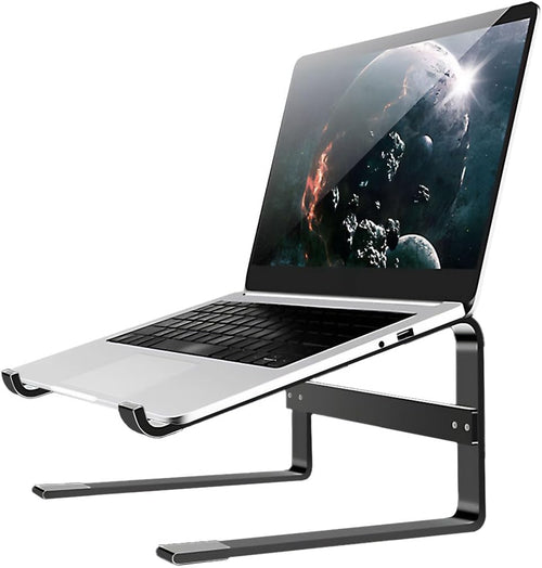 MMOBIEL Laptop Stand Tall - Riser 10 to 18 inches - Ventilated Laptop Holder Universal - Stand for Desk Compatible with MacBook, Notebook, ASUS and More - Incl. Tools - Black Aluminum