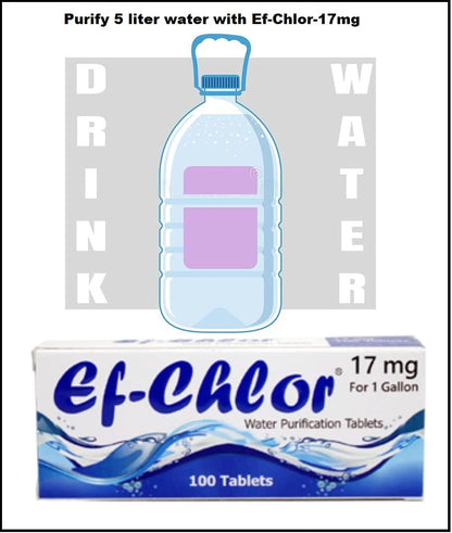 Ef-Chlor 17 mg Water Purification Tablets â€“ Treats 4â€“8 litres per Tablet | Reliable for Emergency, Camping, Travel, and Flood Safety | Pack of 100 Tablets