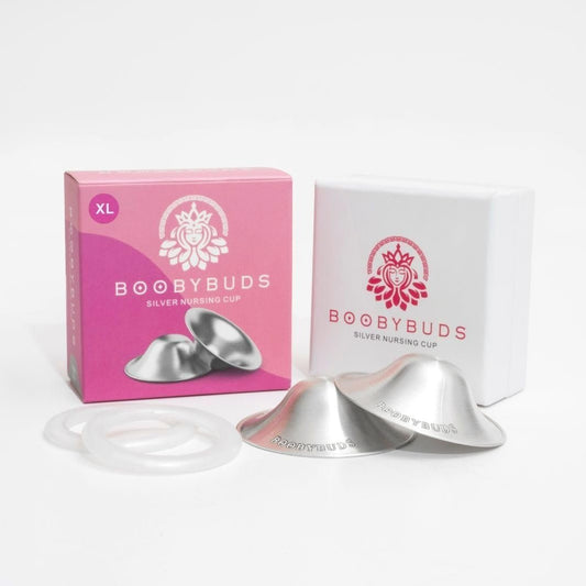 BoobyBuds The Original Silver Nursing Cups 999 Silver - Nipple Shields for Nursing Newborns - 100% Pure 999 Silver - Universal Fit - Soothe and Protect Sore Nipples - Essential for Breastfeeding Mothers (999 Silver XL Silicone Rings)