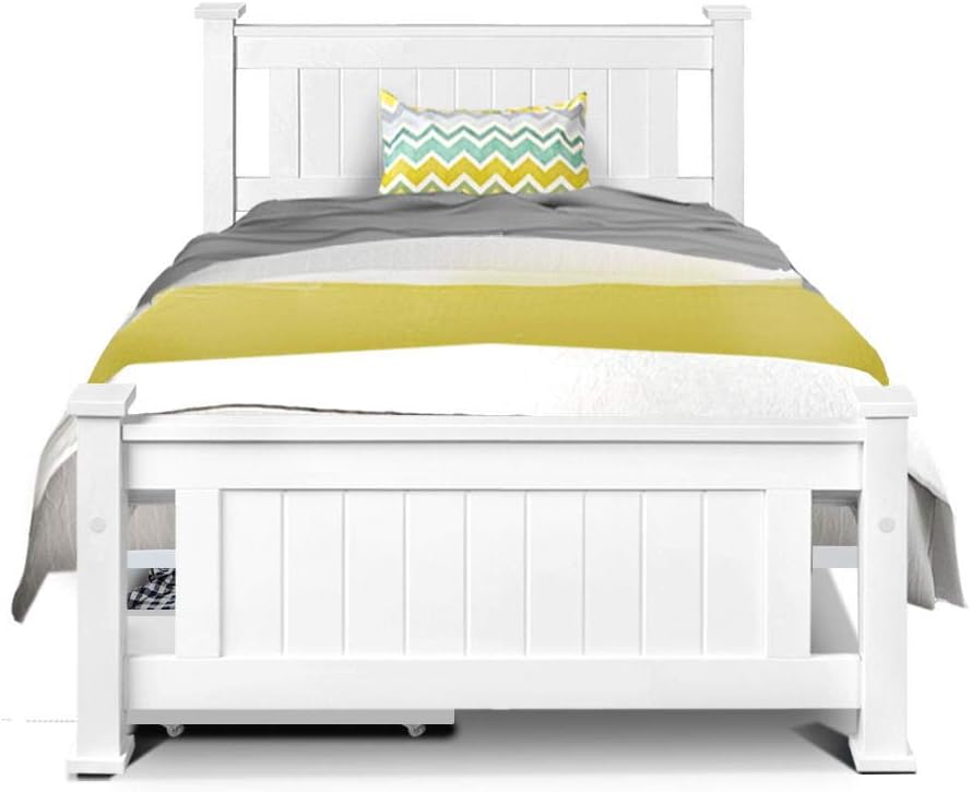 Artiss Single Bed Frame Platform Wooden Timber Frames Beds Base with 2 Drawers Bedroom Room Decor Home Furniture White with Reinforced Bracket Support for Kids, Toddler and Adult, Modern Design