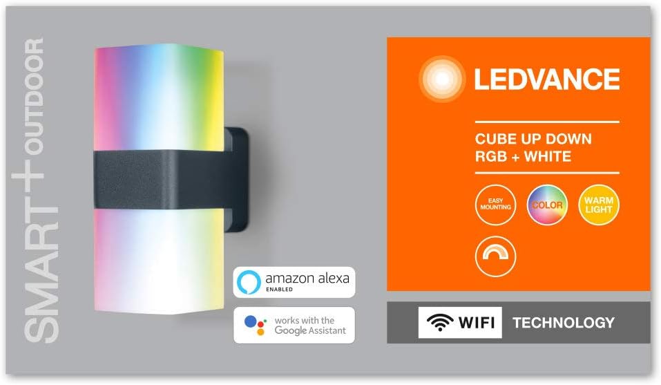 LEDVANCE Smart LED Outdoor Wall Light with WiFi Technology for Outdoor, RGB Colors Changable, Made of Dark Grey Aluminium, Compatible with Google and Alexa, SMART+ WIFI CUBE UPDOWN