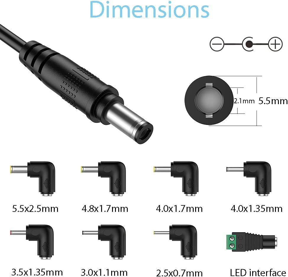 LIANSUM DC 12V 2A Car Charger Universal Power Cord 5.5x2.1mm to Cigarette Lighter with 8 Connector for DVD Player, GPS, Bluetooth Speakers, Breast Pump, label maker, Camera, router, CD Player 5FTCable