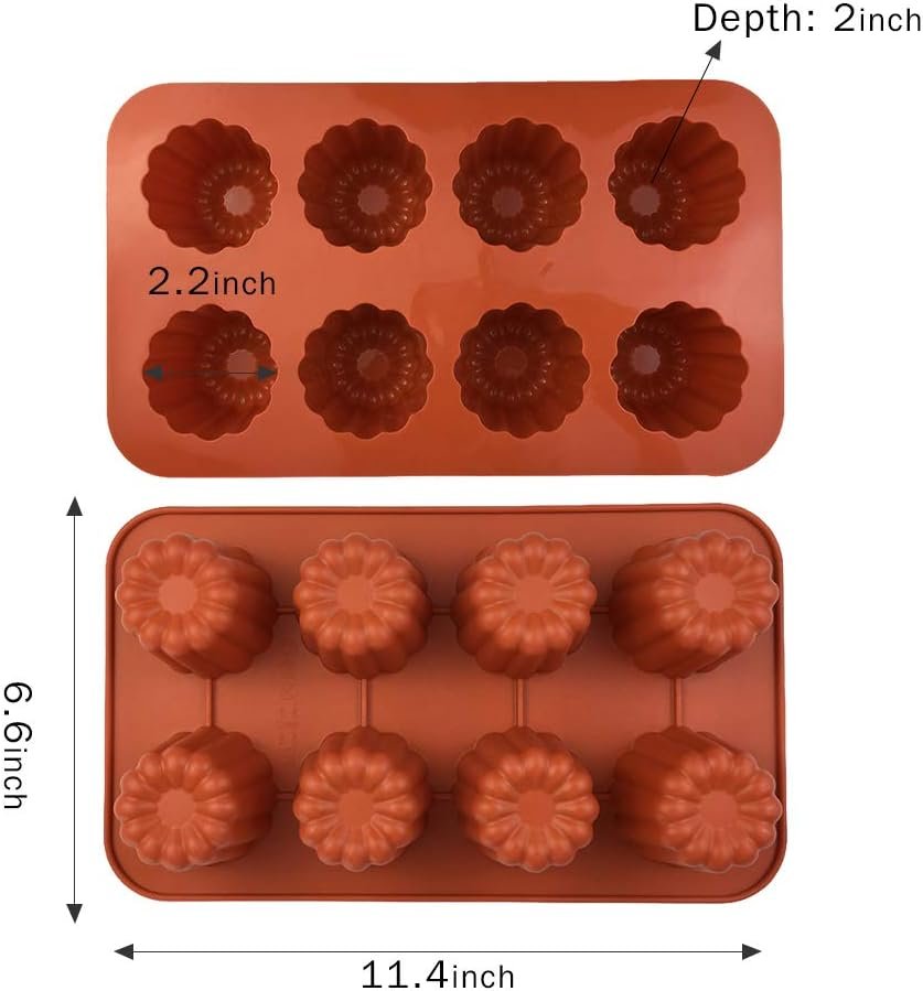 Silicone Cannele Mold Cake Pan - (2 Pack) 8 Cavity Bordelais Non Stick Baking Mold, Muffin Bakeware, French Custard Coffee Cake Traditional Pastry - COKWO