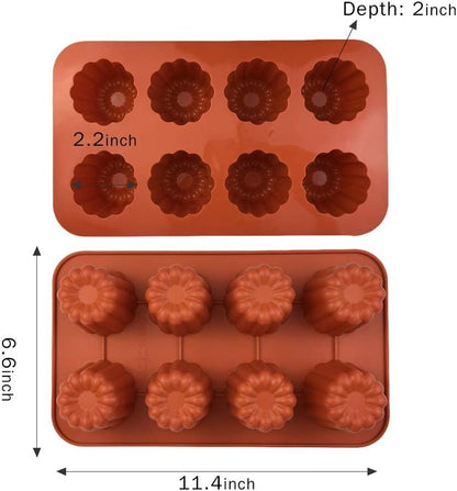 Silicone Cannele Mold Cake Pan - (2 Pack) 8 Cavity Bordelais Non Stick Baking Mold, Muffin Bakeware, French Custard Coffee Cake Traditional Pastry - COKWO