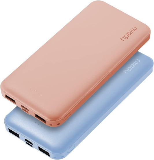 Miady 2-Pack 10000mAh Dual USB Portable Charger, USB-C Fast Charging Power Bank, Backup Battery Pack Compatible with iPhone 16/15/14/13 Galaxy S24/22 Google iPad Android etc (Blue+Pink)