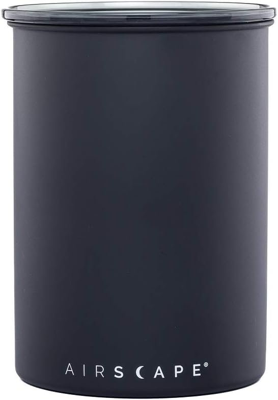Airscape Stainless Steel Coffee Canister | Food Storage Container | Patented Airtight Lid | Push Out Excess Air Preserve Food Freshness (Matte Black, Medium)