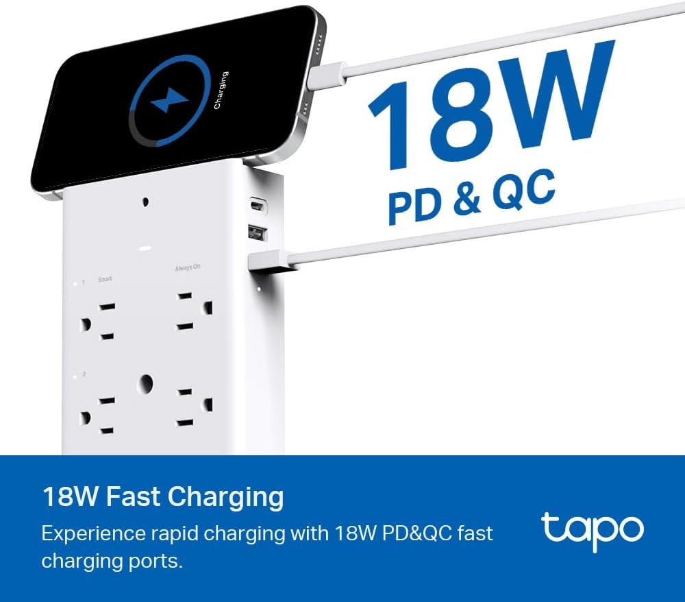 TP-Link Tapo Smart Plug Outlet Extender, Surge Protector, 18W Fast Charging, 3 Individual Smart Outlets, 1x USB-C & 2X USB-A, Smart Night Light, Works w/Apple HomeKit, Alexa & Google Home, Tapo P306
