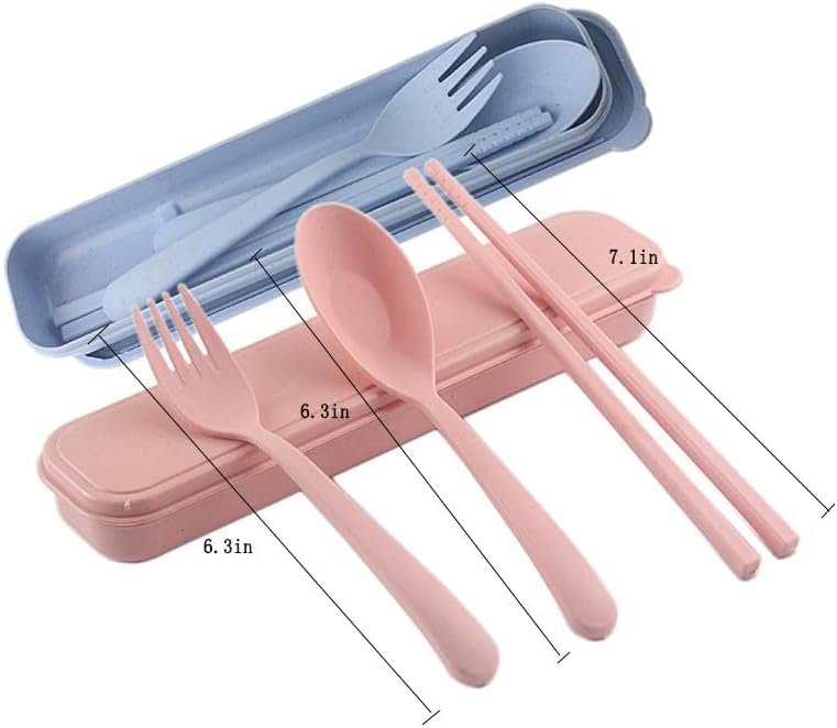 4 Sets Wheat Straw Cutlery, Food-Grade Cutlery Set, Reusable Portable Travel Utensil Set with Case, Camping Utensils Spoon Knife Fork Tableware Set, for Kids Adult (4 Colors)