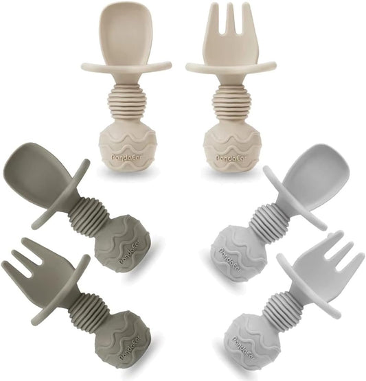 PandaEar 6 Pack Silicone Baby Spoons and Fork Feeding Set- Anti-Choke First Self Feeding Utensils for Baby Led Weaning Ages 3 Months (Brown Grey Tan)