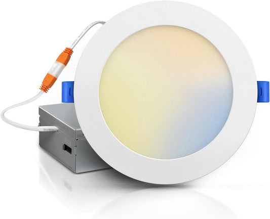 ECOELER 6 Inch 5CCT Ultra-Thin LED Recessed Ceiling Light with Junction Box, 2700K/3000K/4000K/5000K/6000K Selectable, 12W 1100Lm, Dimmable Canless Wafer Downlight, ETL&FCC Approved
