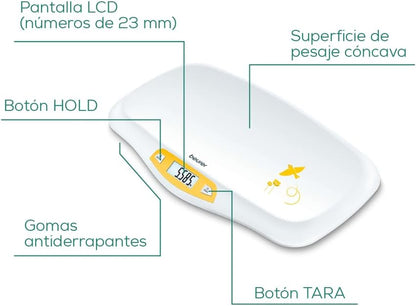 Beurer BY80 Baby Scale | Digital Baby Weighing Scale with Large LCD Screen | Curved Platform for Comfort and Safety | Tare and Hold Functions for Easy Weighing | 20kg Load Capacity | Easy Wipe-Clean