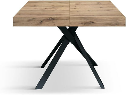 PAZZO DESIGN Leonardo Extendable Table, Black Cross Legs, Made In Italy, Rustic Oak, Kitchen Table, Dining Room Table, Extendable Table, 95 x 90 x 76 cm - id_2129