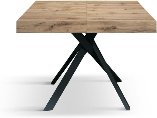 PAZZO DESIGN Leonardo Extendable Table, Black Cross Legs, Made In Italy, Rustic Oak, Kitchen Table, Dining Room Table, Extendable Table, 95 x 90 x 76 cm - id_2129