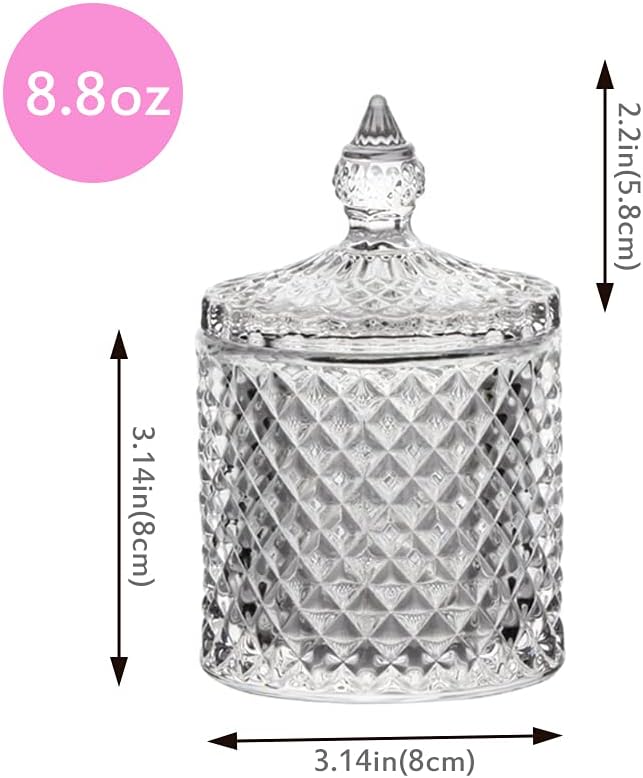 MengCat Cotton Ball and Swab Holder Organizer,Clear Glass Bathroom Vanity Countertop Canister Jars with Lid, Apothecary Jars Holder Makeup Organizer for Pads,Bath Salts 8.8OZ Set of 2