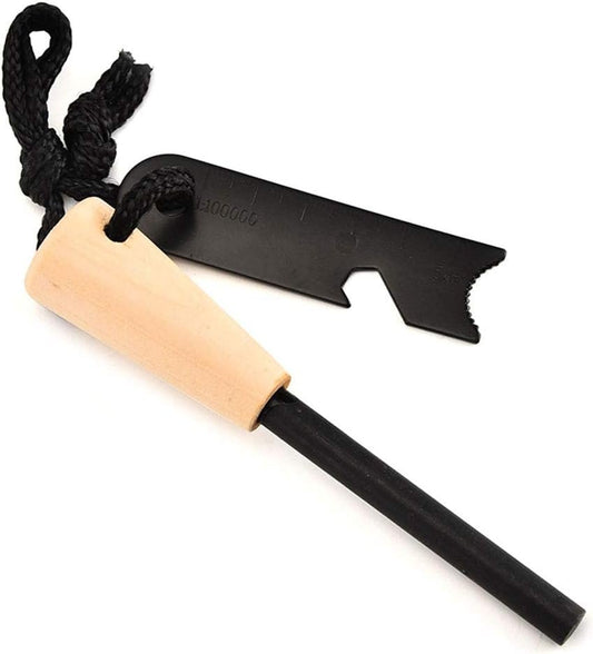 LinLin Premium Ferrocium Rod Firesteel - Includes Flint Striker Multi Tool & Chunky Wooden Handle for Superior Grip - Essential Fire Starter Camping Survival Kit