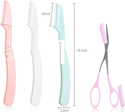 Eyebrow Razor, 6 pcs Foldable Shaving Grooming Blades Kits, Facial Hair Shaper Remover with Precision Cover for Women Makeup Face Care Tools Comes with a pair of eyebrow trimming scissors
