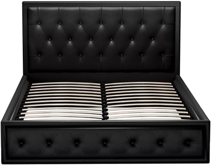 Artiss Queen Bed Frame Platform Tufted Headboard Frames Gas Lift Beds Base with Storage Space Bedroom Room Decor Home Furniture, Upholstered with Black PVC Leather + Foam + Wood