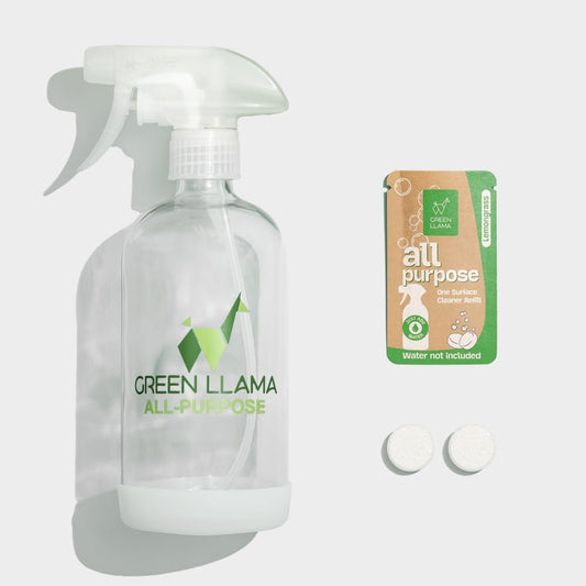 Green Llama Eco-Friendly All-Purpose Lemongrass Cleaning Spray - 16oz Reusable Glass Bottle & Refill Tablet - Sustainable, Safe for Home, Biodegradable, Made with Recycled Materials & Essential Oils