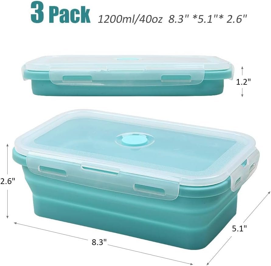 Alimat PluS Silicone Food Storage Containers with Lids - 3 Pack Set 40.5oz/1200ml Collapsible Meal Prep Lunch Containers - Microwave, Freezer and Dishwasher Safe