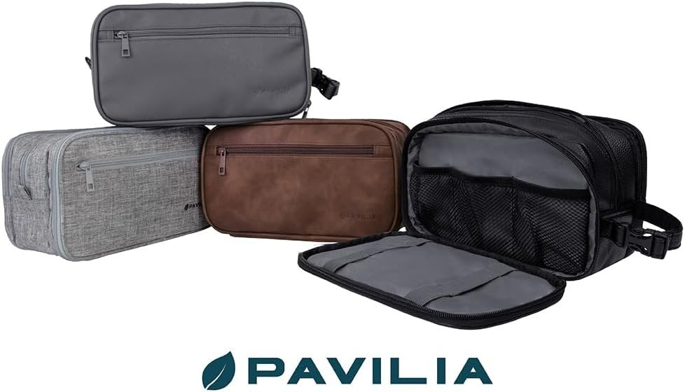 PAVILIA Toiletry Bag for Men, Travel Toiletries Bag | Water-resistant Dopp Kit, PU Leather Shaving Pouch Organizer for Accessories, Cosmetic, Hygiene, Grooming Essentials (Dark Gray), Black, Large