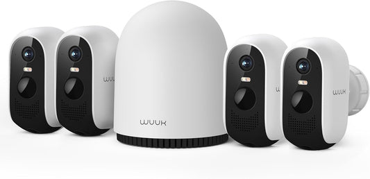 WUUK Outdoor Security Camera Wireless, 4-Cams Kit, 2K Home Security System with Base Station, 32GB Local Storage, No Monthly Fee, Compatible with Alexa, Google Home & IFTTT