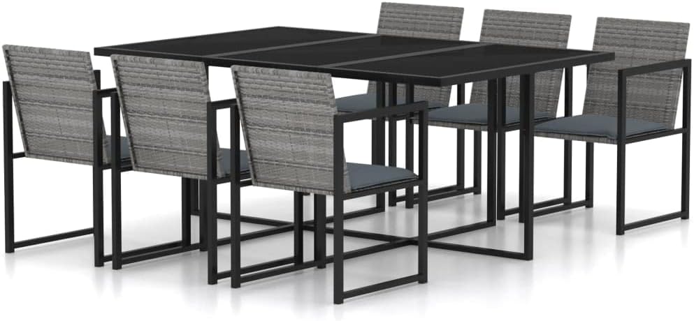 vidaXL Modern Poly Rattan Outdoor Dining Set with Cushions, Grey - Perfect for Patio or Garden, Featuring Tempered Glass Tabletop and Powder-Coated Steel Frames