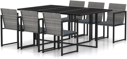 vidaXL Modern Poly Rattan Outdoor Dining Set with Cushions, Grey - Perfect for Patio or Garden, Featuring Tempered Glass Tabletop and Powder-Coated Steel Frames