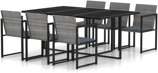 vidaXL Modern Poly Rattan Outdoor Dining Set with Cushions, Grey - Perfect for Patio or Garden, Featuring Tempered Glass Tabletop and Powder-Coated Steel Frames
