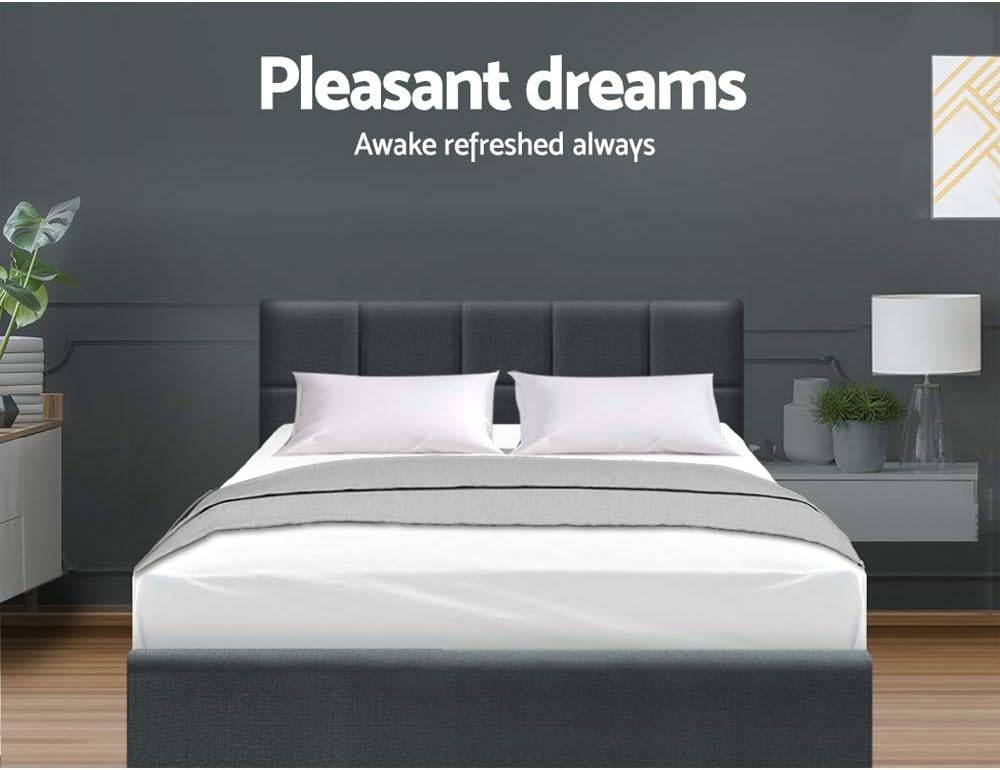 Artiss Double Bed Frame Platform Checkered Headboard Wooden Beds Base Frames Bedroom Room Decor Home Furniture, Upholstered with Charcoal Faux Linen Fabric + Foam + Wood, Modern Design