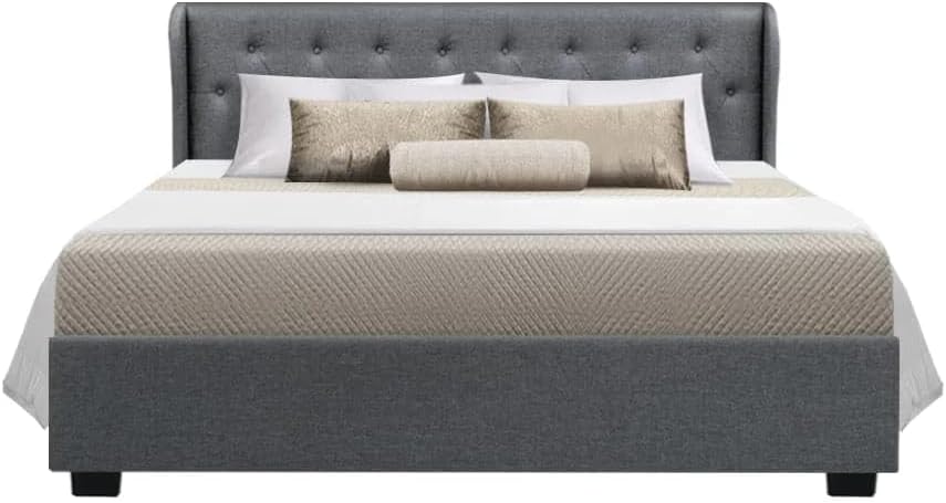 Artiss Queen Bed Frame Platform Wingback Headboard Frames Gas Lift Beds Base with Storage Space Bedroom Room Decor Home Furniture, Upholstered with Grey Faux Linen Fabric + Foam + Wood