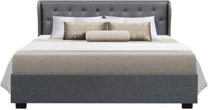 Artiss Queen Bed Frame Platform Wingback Headboard Frames Gas Lift Beds Base with Storage Space Bedroom Room Decor Home Furniture, Upholstered with Grey Faux Linen Fabric + Foam + Wood