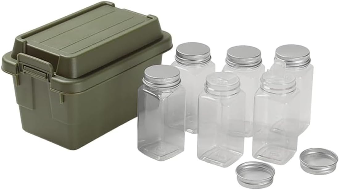 AIMALL Outdoor Mini Storage Box with 6 Seasoning Bottles, 4.52 x 7 x 5.51 Inches, Compact Plastic Container for Camping, Travel, BBQ, and Desktop Use