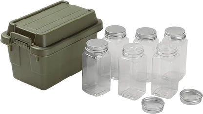AIMALL Outdoor Mini Storage Box with 6 Seasoning Bottles, 4.52 x 7 x 5.51 Inches, Compact Plastic Container for Camping, Travel, BBQ, and Desktop Use