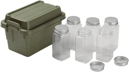 AIMALL Outdoor Mini Storage Box with 6 Seasoning Bottles, 4.52 x 7 x 5.51 Inches, Compact Plastic Container for Camping, Travel, BBQ, and Desktop Use