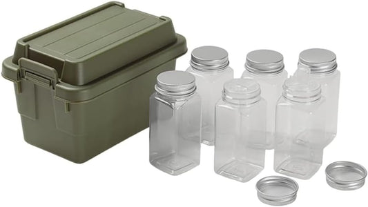 AIMALL Outdoor Mini Storage Box with 6 Seasoning Bottles, 4.52 x 7 x 5.51 Inches, Compact Plastic Container for Camping, Travel, BBQ, and Desktop Use