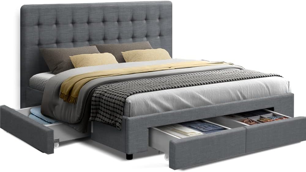 Artiss Queen Bed Frame Platform Tufted Headboard Frames Beds Base with 4 Storage Drawers Bedroom Room Decor Home Furniture, Upholstered with Grey Faux Linen Fabric + Foam + Wood