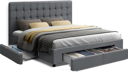 Artiss Queen Bed Frame Platform Tufted Headboard Frames Beds Base with 4 Storage Drawers Bedroom Room Decor Home Furniture, Upholstered with Grey Faux Linen Fabric + Foam + Wood