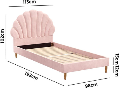 Oikiture Bed Frame Single with Scallop-Shape BedHead Pink Velvet Single Bed