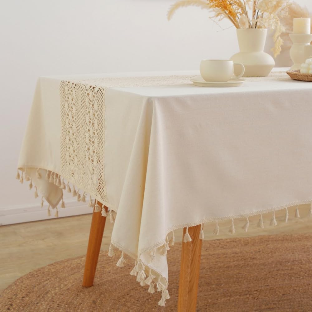 AMZALI Table Cloth, Rectangle Tablecloth Washable Cotton Linen Tablecloths Crochet Patchwork Table Cover with Tassle for Kitchen, Dining Tabletop Decoration 55''x70'' Beige