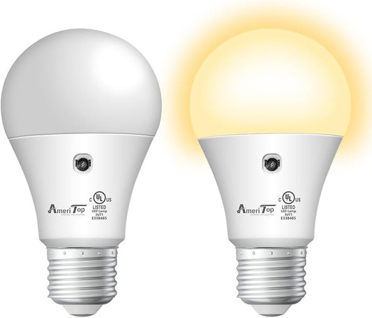 Dusk to Dawn Light Bulb- 2 Pack, AmeriTop A19 LED Sensor Light Bulbs; UL Listed, Automatic On/Off, 800 Lumen, 10W(60 Watt Equivalent), E26 Base, Indoor/Outdoor Lighting Bulb (3000K Warm White)