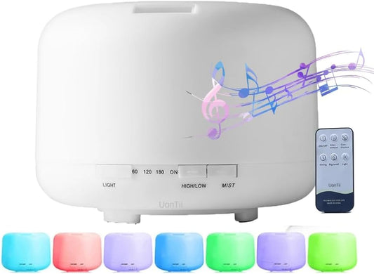 500ml Essential Oil Diffuser 7 Color Night Light, Electric Aroma Ultrasonic Aromatherapy Humidifier Timer and Auto Shut Off (with Bluetooth Speaker)