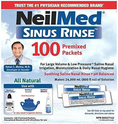 NeilMed Sinus Rinse 100 Premixed Packets – All Natural Nasal Irrigation for Sinus Relief, Moisturization, and Daily Hygiene – Drug-Free, Preservative-Free