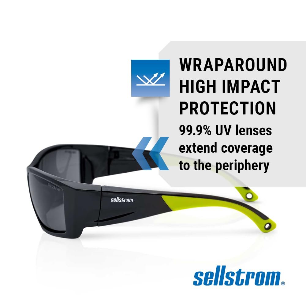 Sellstrom Stylish, Sporty, Slip-Resistant, Anti-Fog Hard Coating Protective Eyewear Safety Glasses, Smoke Lens, Co-Molded Temples, Soft Nose Piece (Qty 1), Black/Green, S72401