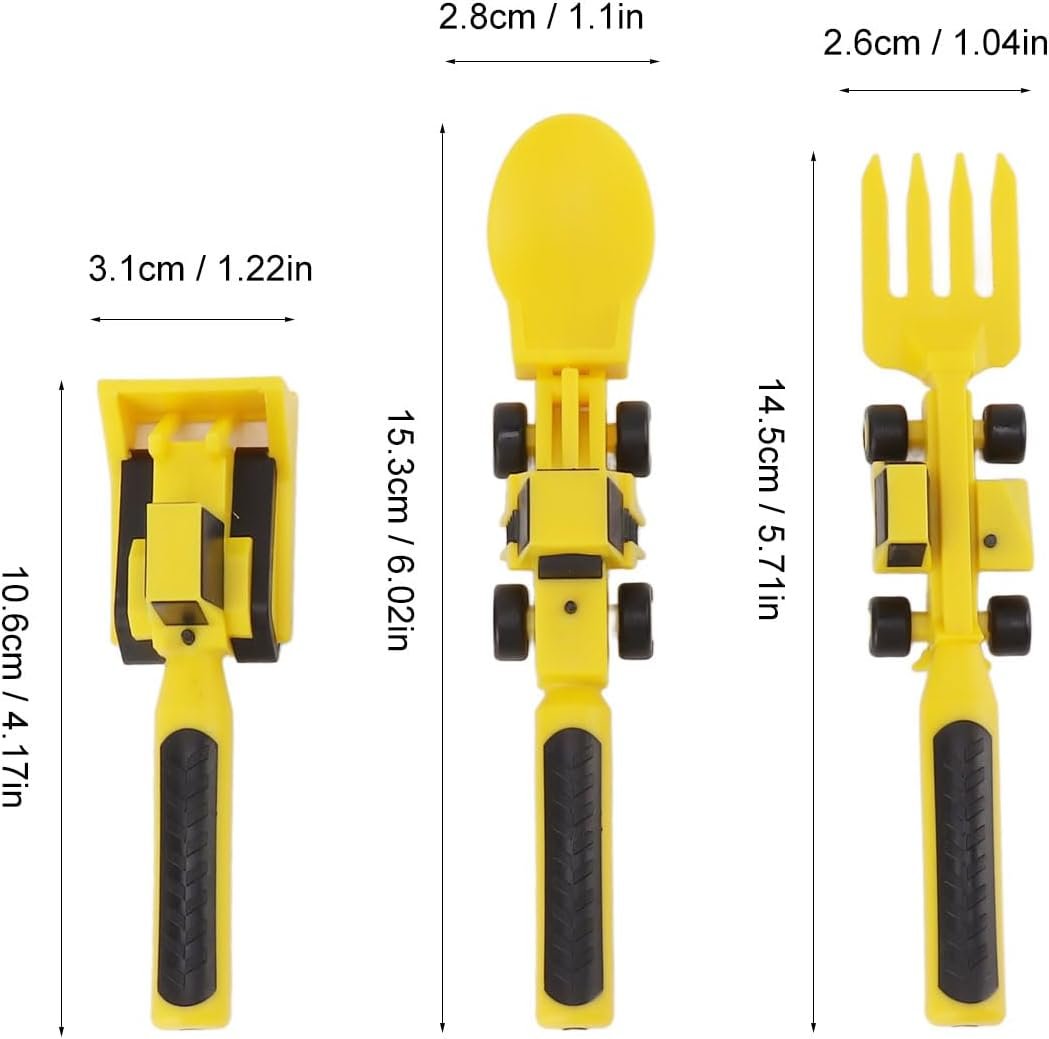 Construction Themed Utensils, Excavator Fork Spoon, Eating Set with Pusher, Safe and Easy to