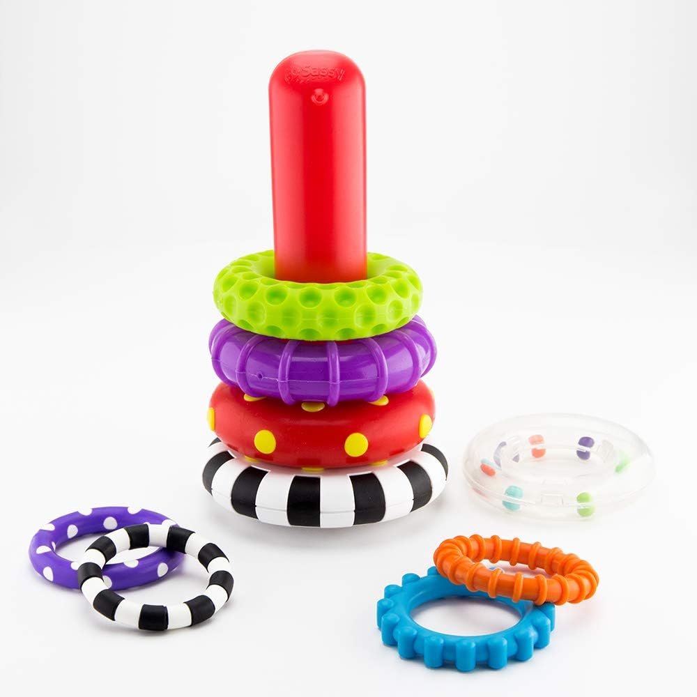 Sassy Stacks of Circles - Stacking Ring STEM Developmental Learning Toy - High Contrast Multicolored 9 Piece Set - For Ages 6+ Months